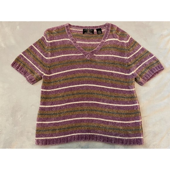 Vtg American Eagle Outfitters Women's Short Sleeve V-Neck Sweater Purple Stripe - Picture 1 of 6